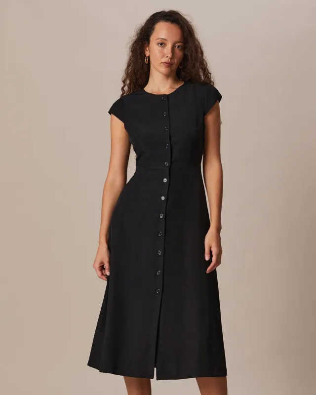 The Black Round Neck Cap Sleeve Midi Dress sold by rihoas
