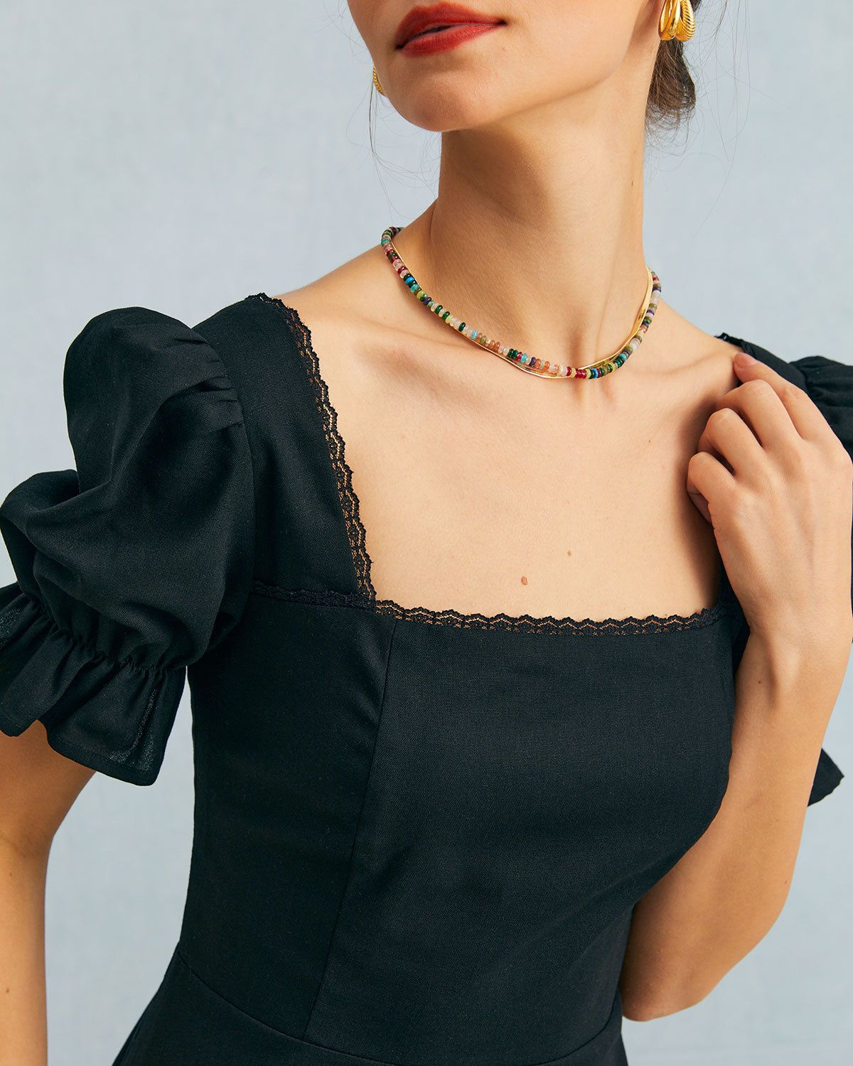 The Black Square Neck Lace Puff Sleeve Mini Dress sold by rihoas product image thumbnail 5