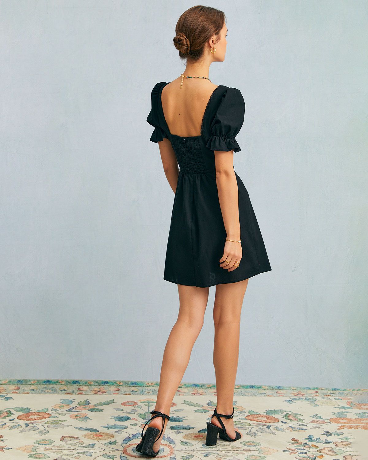 The Black Square Neck Lace Puff Sleeve Mini Dress sold by rihoas product image thumbnail 6