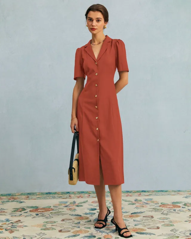 The Brick Red V Neck Button Puff Sleeve Midi Dress sold by rihoas