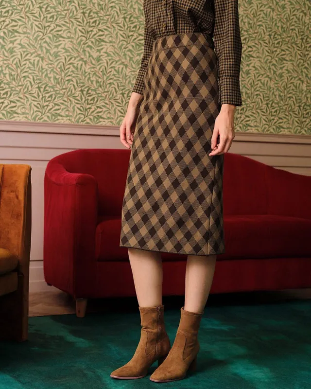 The Argyle Pattern High Waisted Slit Midi Skirt sold by rihoas