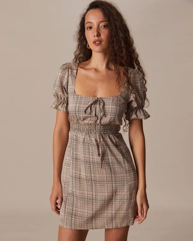 The Khaki Square Neck Houndstooth Mini Dress sold by rihoas