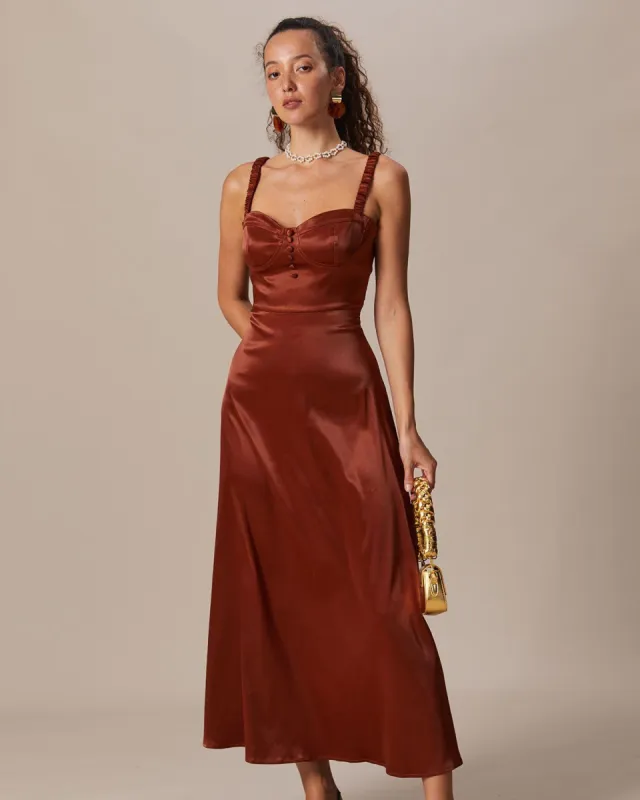The Brown Sweetheart Neck Ruched Maxi Dress sold by rihoas
