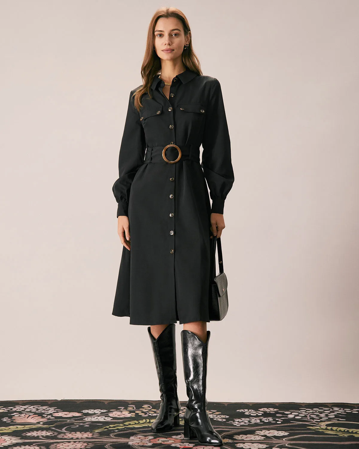 The Black Belted Button-Down Shirt Midi Dress sold by rihoas product image thumbnail 5