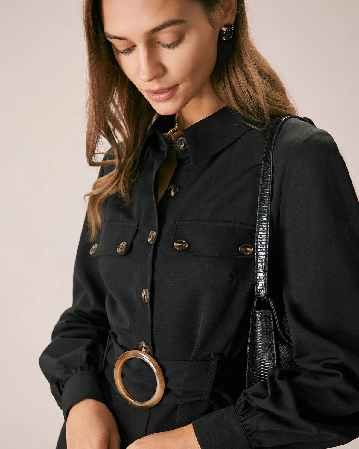 The Black Belted Button-Down Shirt Midi Dress sold by rihoas product image thumbnail 2