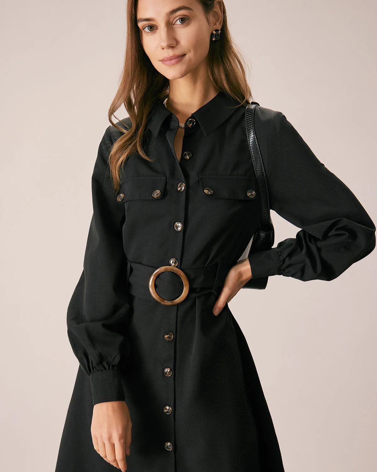 The Black Belted Button-Down Shirt Midi Dress sold by rihoas product image thumbnail 3