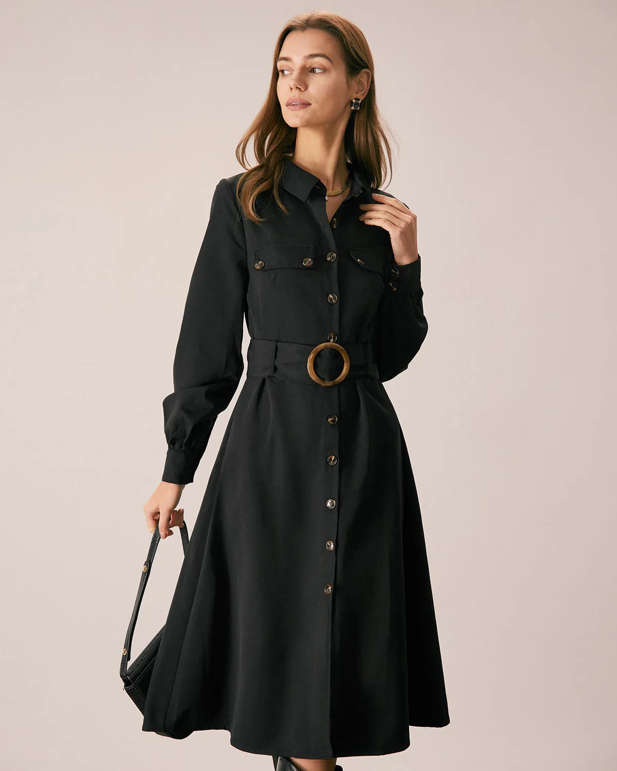 The Black Belted Button-Down Shirt Midi Dress sold by rihoas