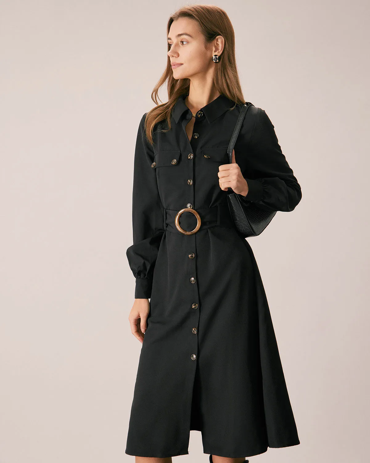 The Black Belted Button-Down Shirt Midi Dress sold by rihoas product image thumbnail 4