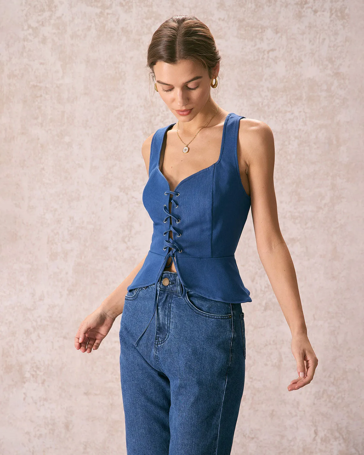 The Blue Sweetheart Neck Lace-Up Tank Top sold by rihoas product image thumbnail 4
