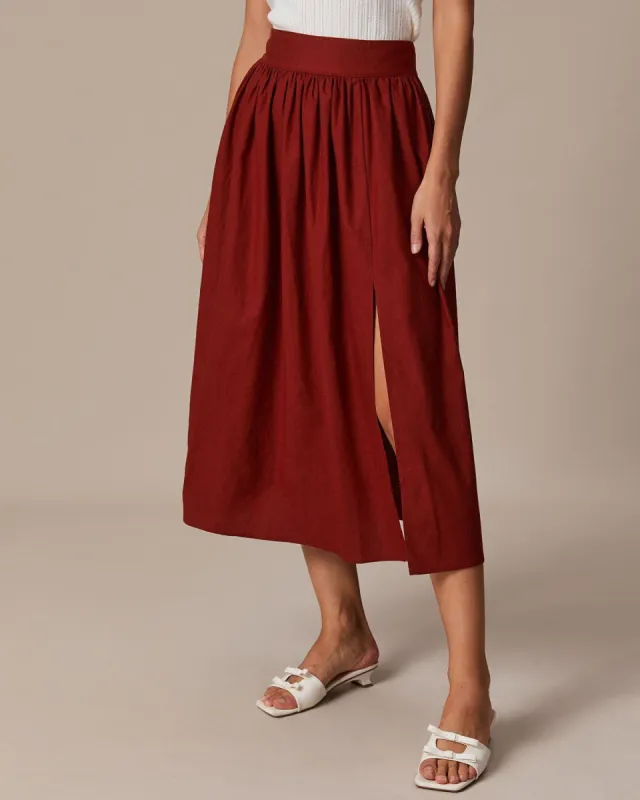 The Brick Red High Waisted Pleated Midi Skirt sold by rihoas