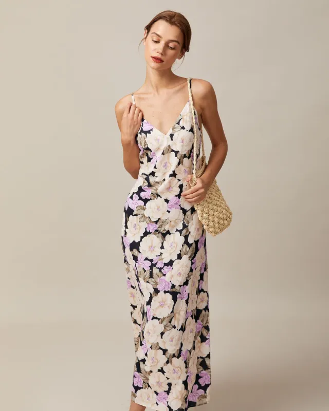 The Purple V Neck Floral Straight Maxi Dress sold by rihoas