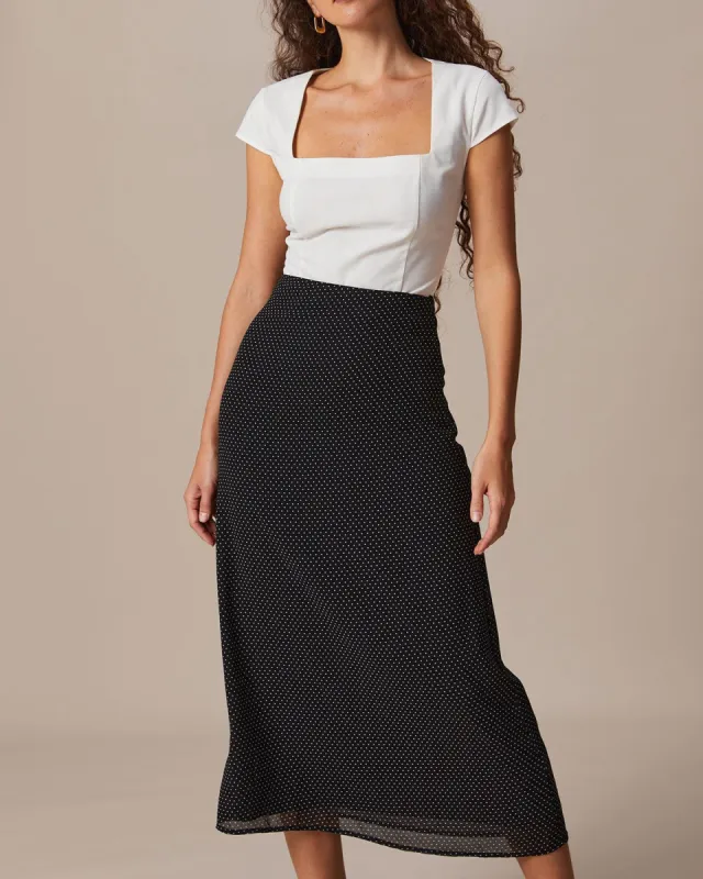 The Black Natural Waisted Polka Dot Midi Skirt sold by rihoas