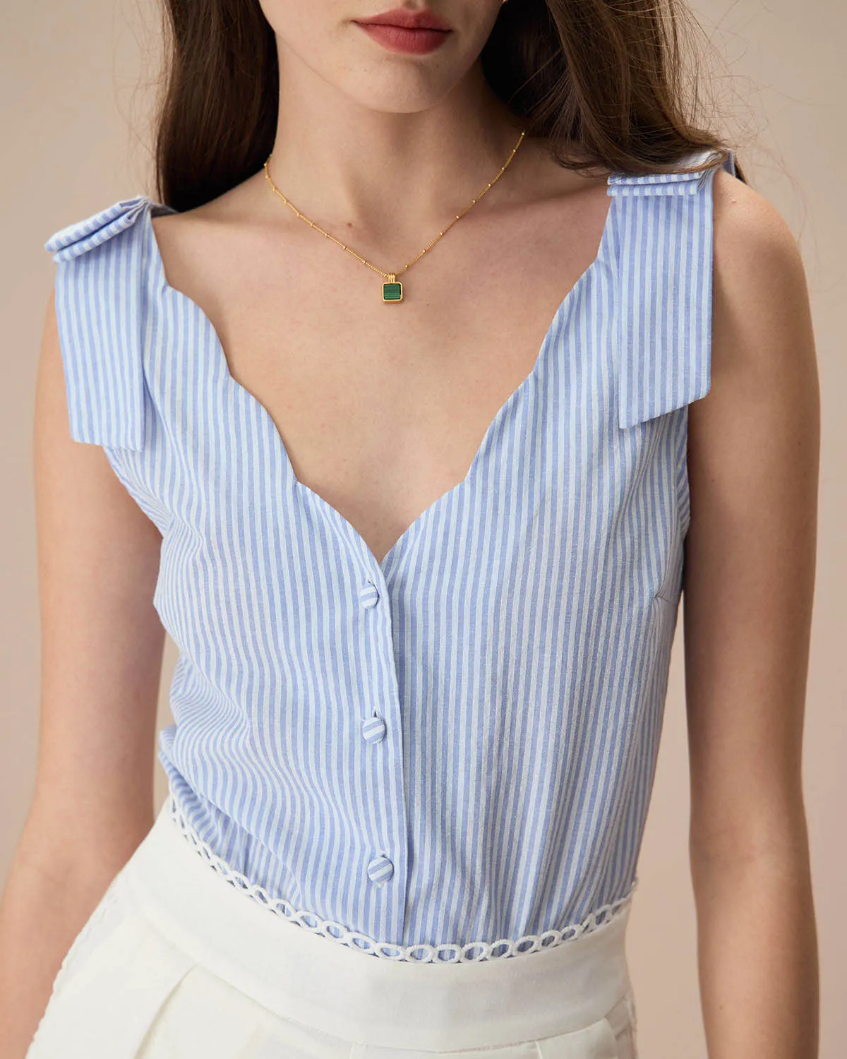 The Blue V Neck Striped Button Cotton Tank Top sold by rihoas product image thumbnail 2