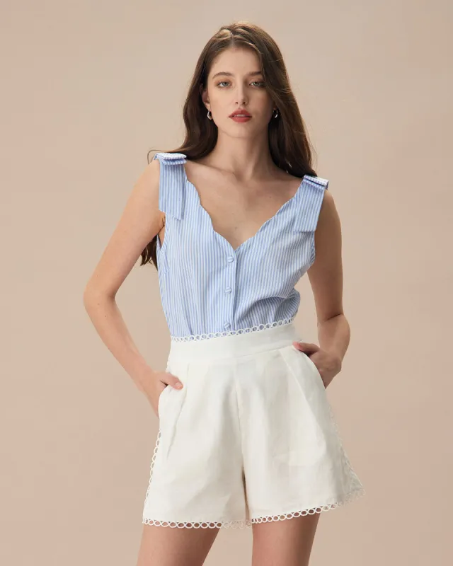 The Blue V Neck Striped Button Cotton Tank Top sold by rihoas