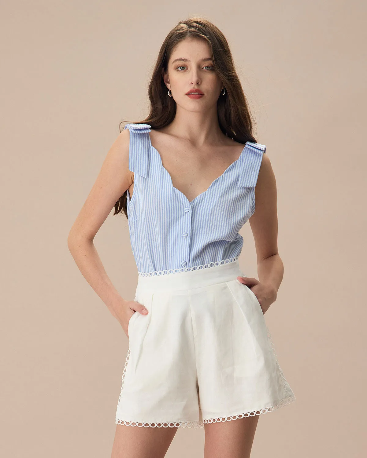 The Blue V Neck Striped Button Cotton Tank Top sold by rihoas