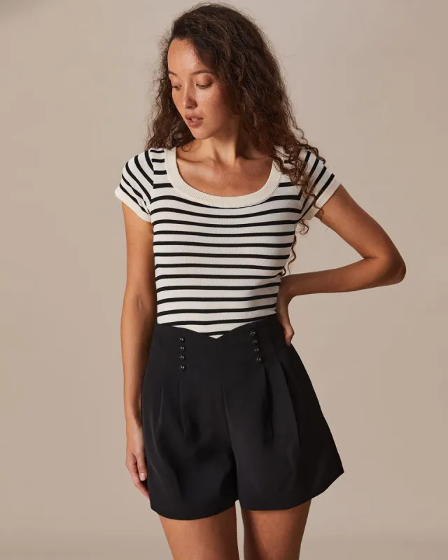 The Beige Round Neck Striped Knit Tee sold by rihoas