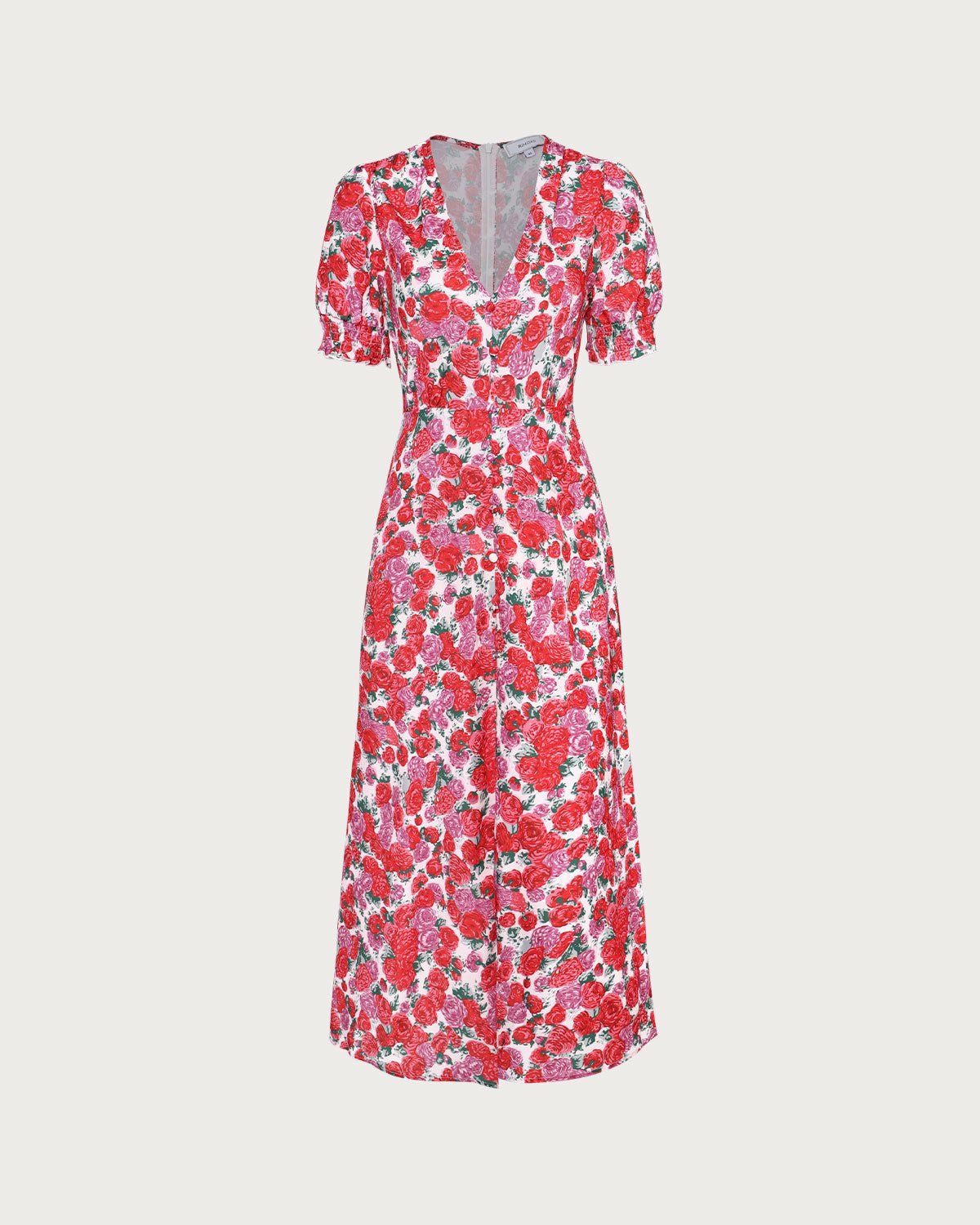The Red V Neck Floral Rose Print Midi Dress sold by rihoas product image thumbnail 6