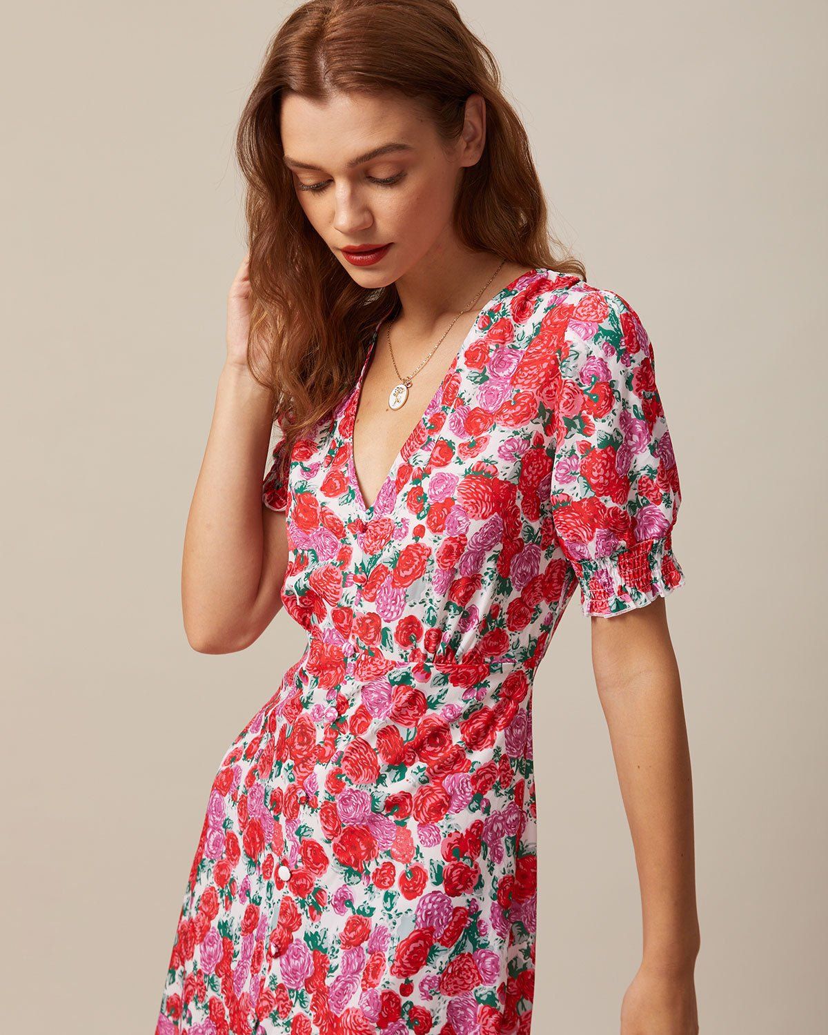 The Red V Neck Floral Rose Print Midi Dress sold by rihoas product image thumbnail 4