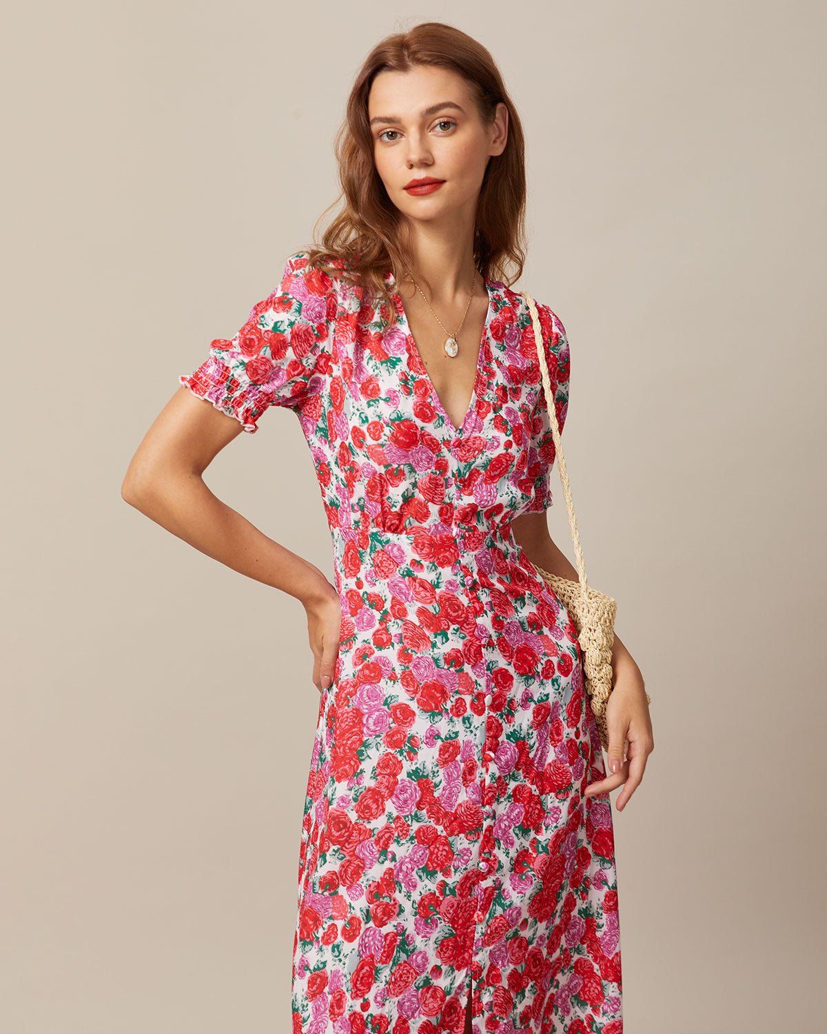 The Red V Neck Floral Rose Print Midi Dress sold by rihoas product image thumbnail 3