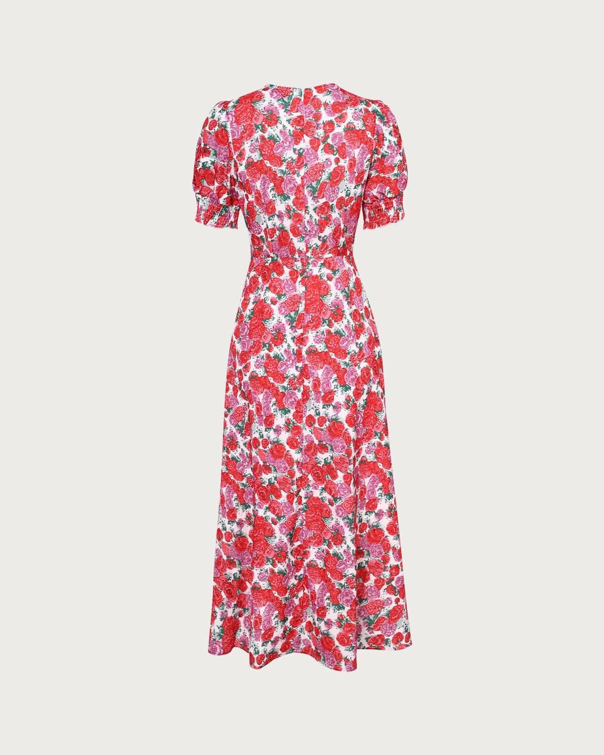 The Red V Neck Floral Rose Print Midi Dress sold by rihoas product image thumbnail 8