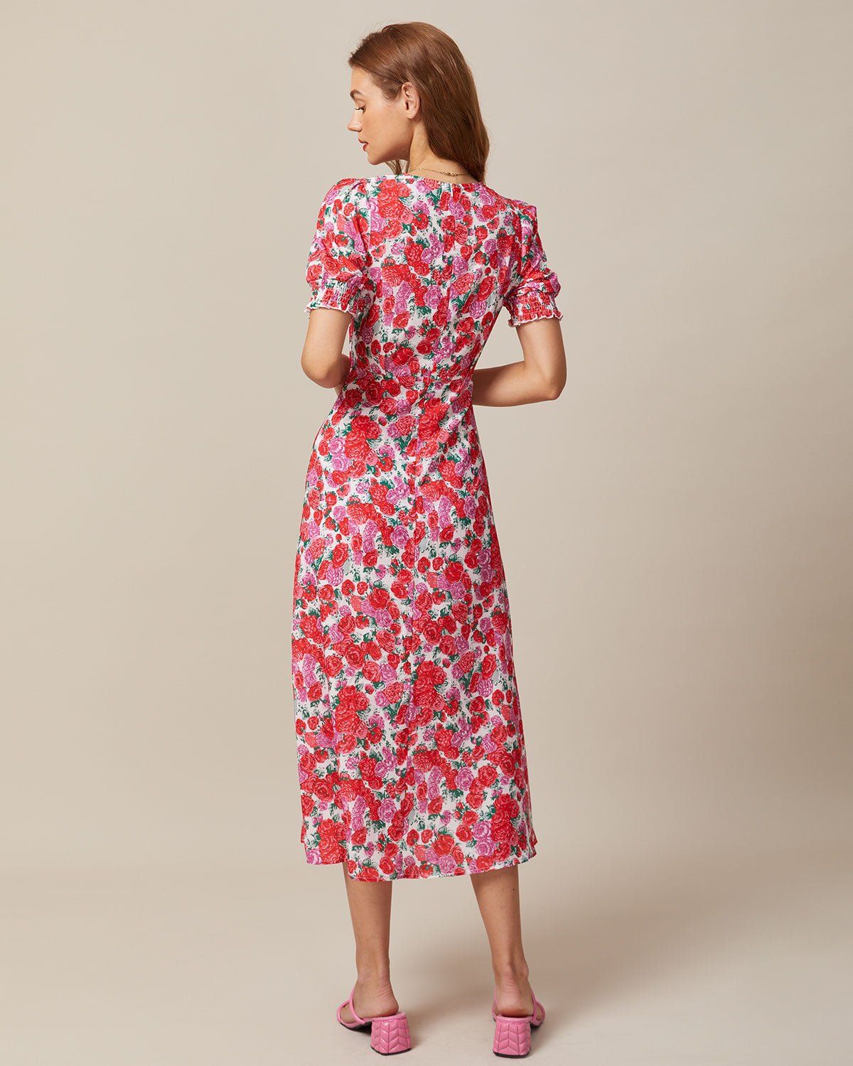 The Red V Neck Floral Rose Print Midi Dress sold by rihoas product image thumbnail 5