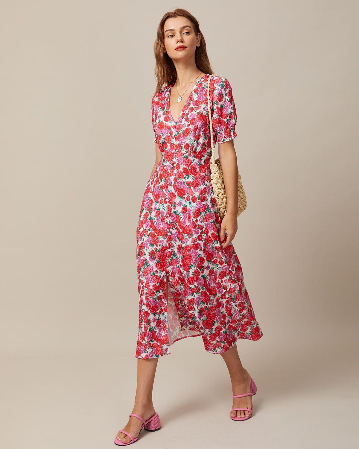 The Red V Neck Floral Rose Print Midi Dress sold by rihoas product image thumbnail 2