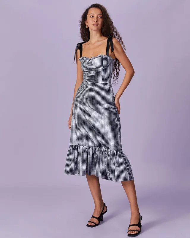 The Black Tie Shoulder Spliced Plaid Midi Dress sold by rihoas