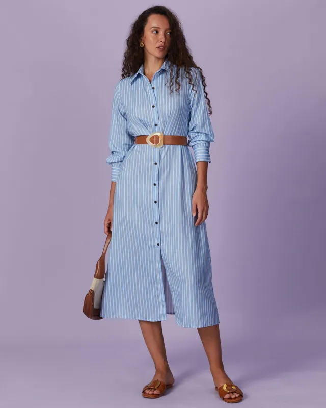 The Blue Striped Long Sleeves Shirt Midi Dress sold by rihoas