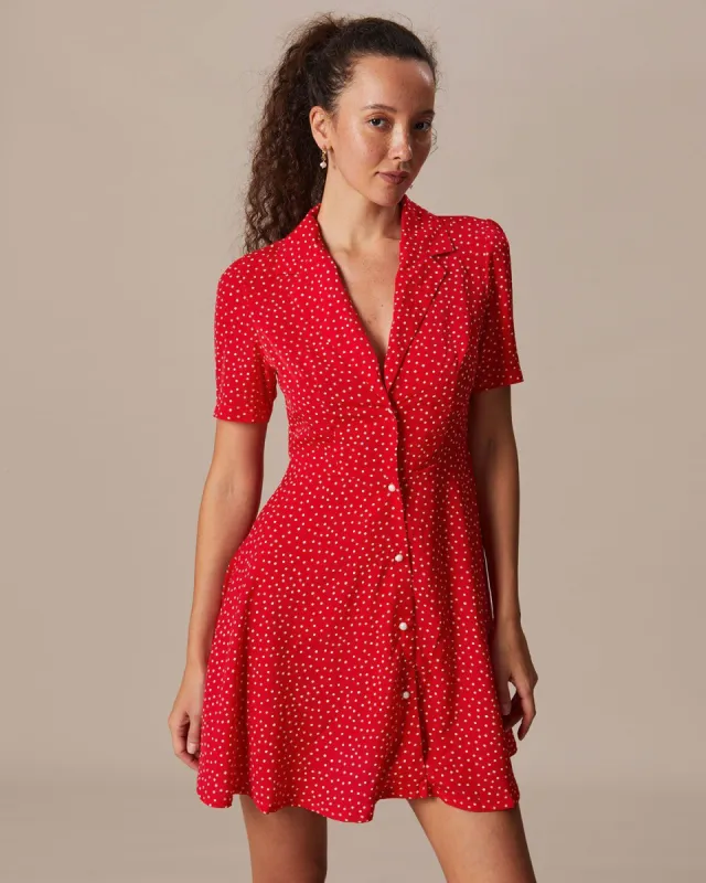 The Red Collared Polka Dot Button Mini Dress sold by rihoas