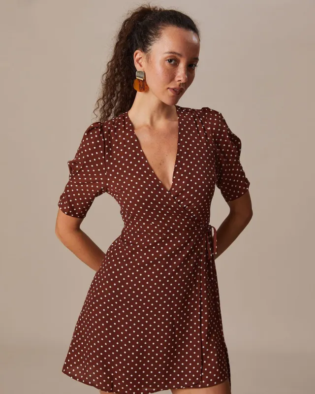 The Brown V Neck Polka Dot Wrap Mini Dress sold by rihoas