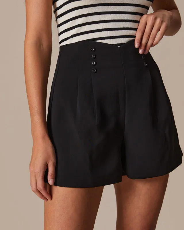 The Black Wave Cut Button Pleated Shorts sold by rihoas