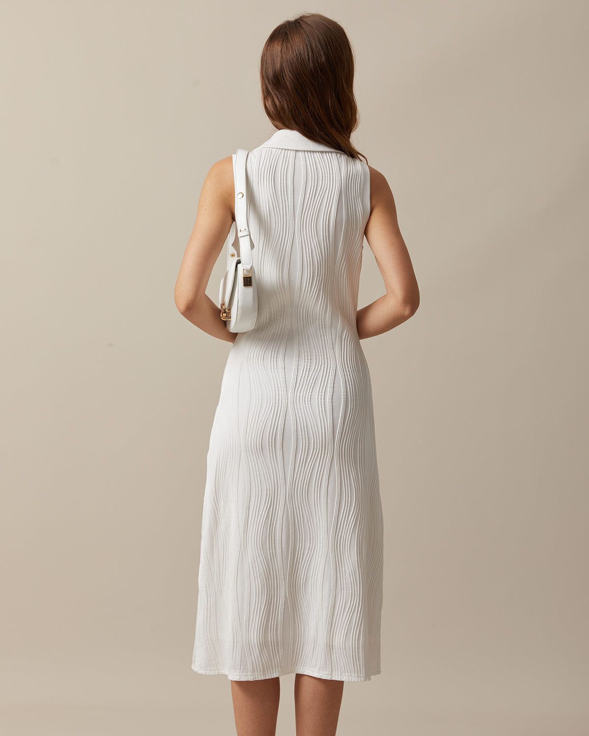 The White V Neck Water Ripple Textured Tank Midi Dress sold by rihoas product image thumbnail 5