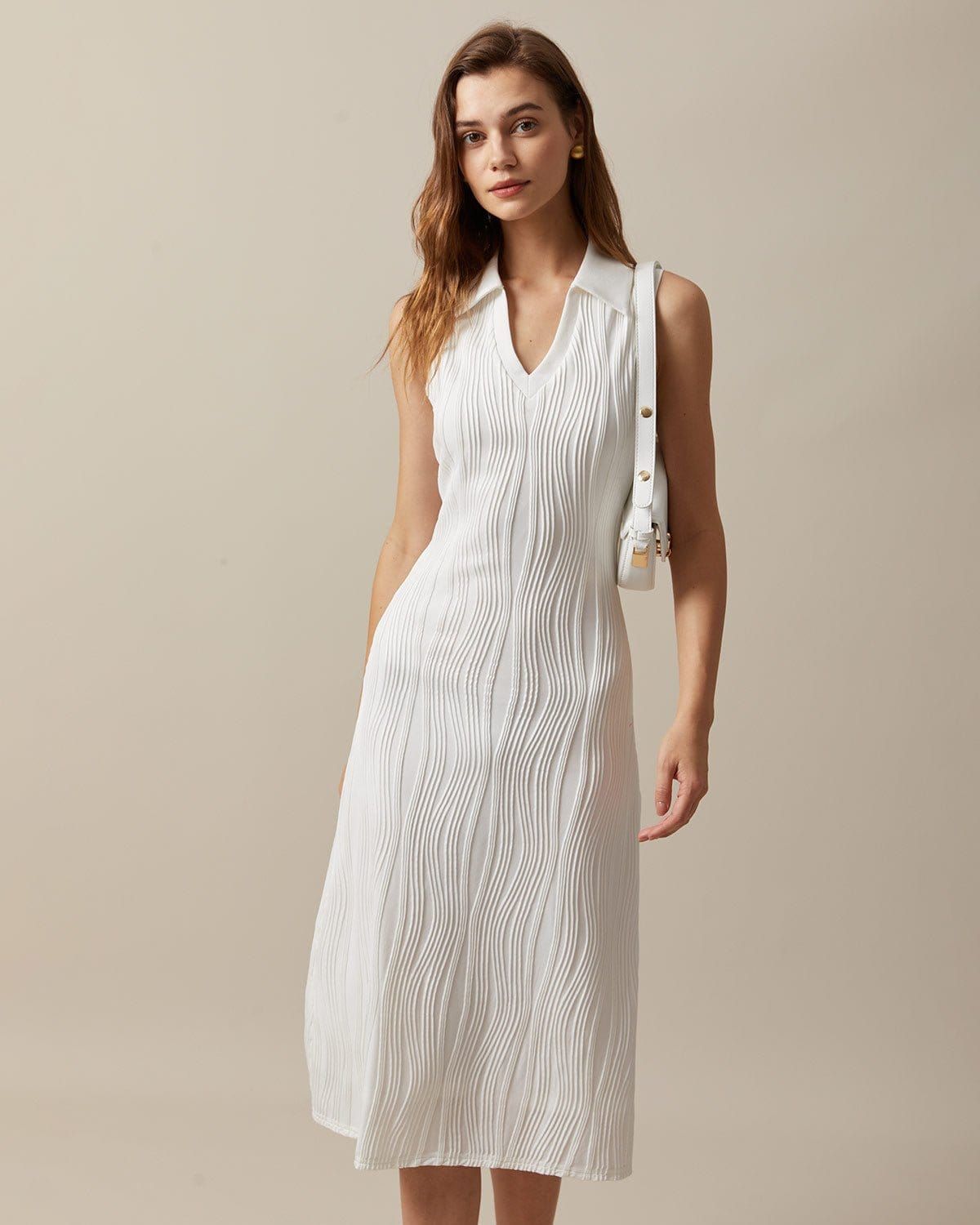 The White V Neck Water Ripple Textured Tank Midi Dress sold by rihoas