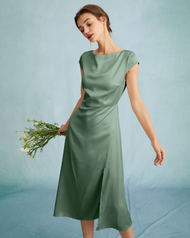 The Green Satin Cap Sleeve Sheath Slit Midi Dress sold by rihoas