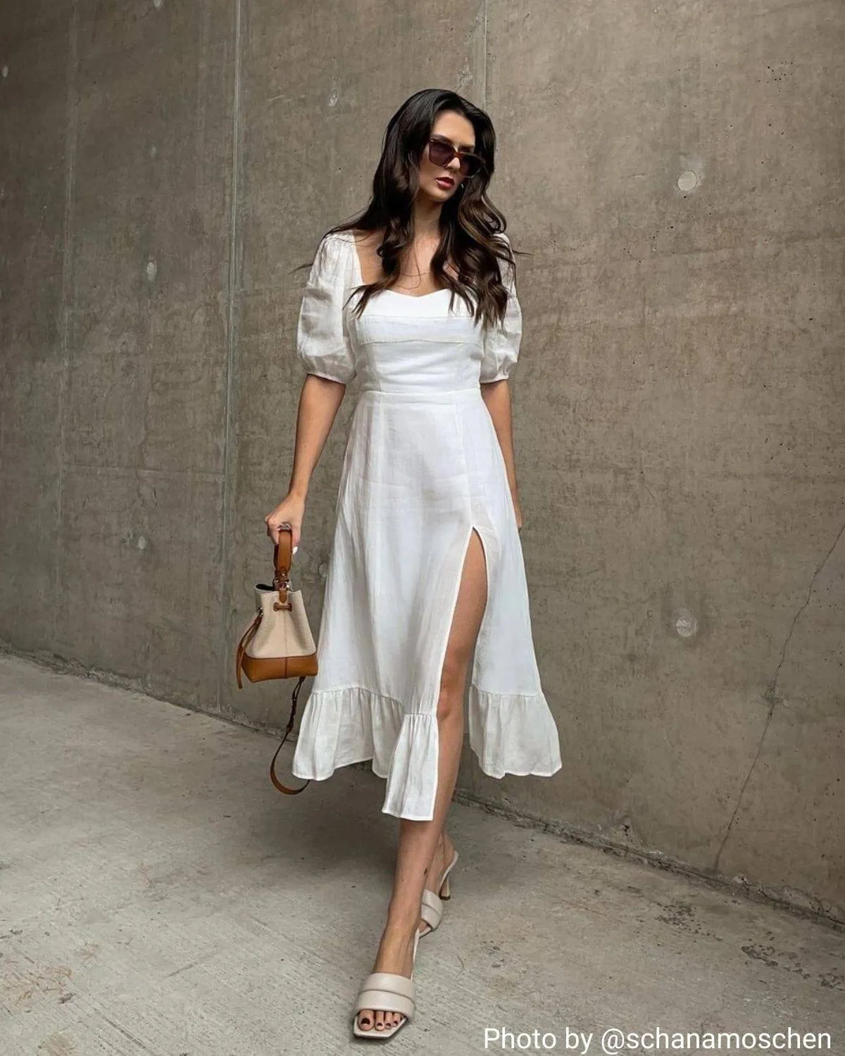 Puff Sleeve Split Hem Midi Dress sold by rihoas