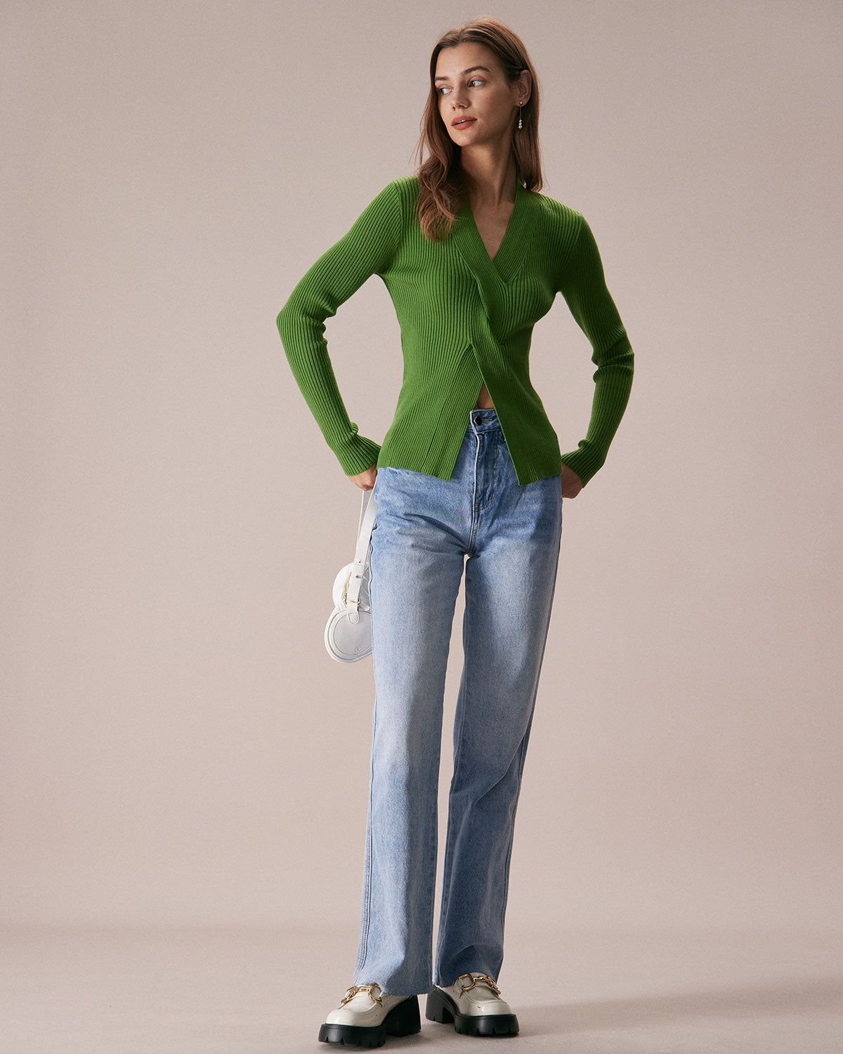 The Green V Neck Long Sleeve Knit Top sold by rihoas product image thumbnail 4