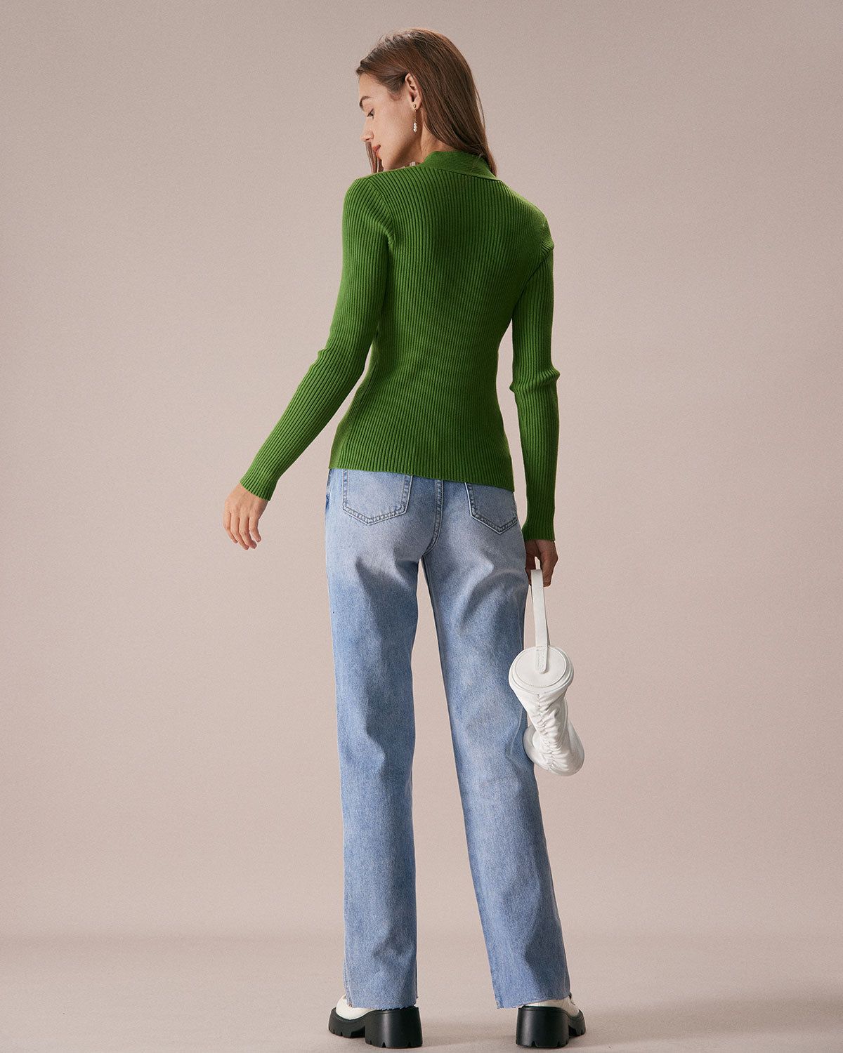 The Green V Neck Long Sleeve Knit Top sold by rihoas product image thumbnail 5
