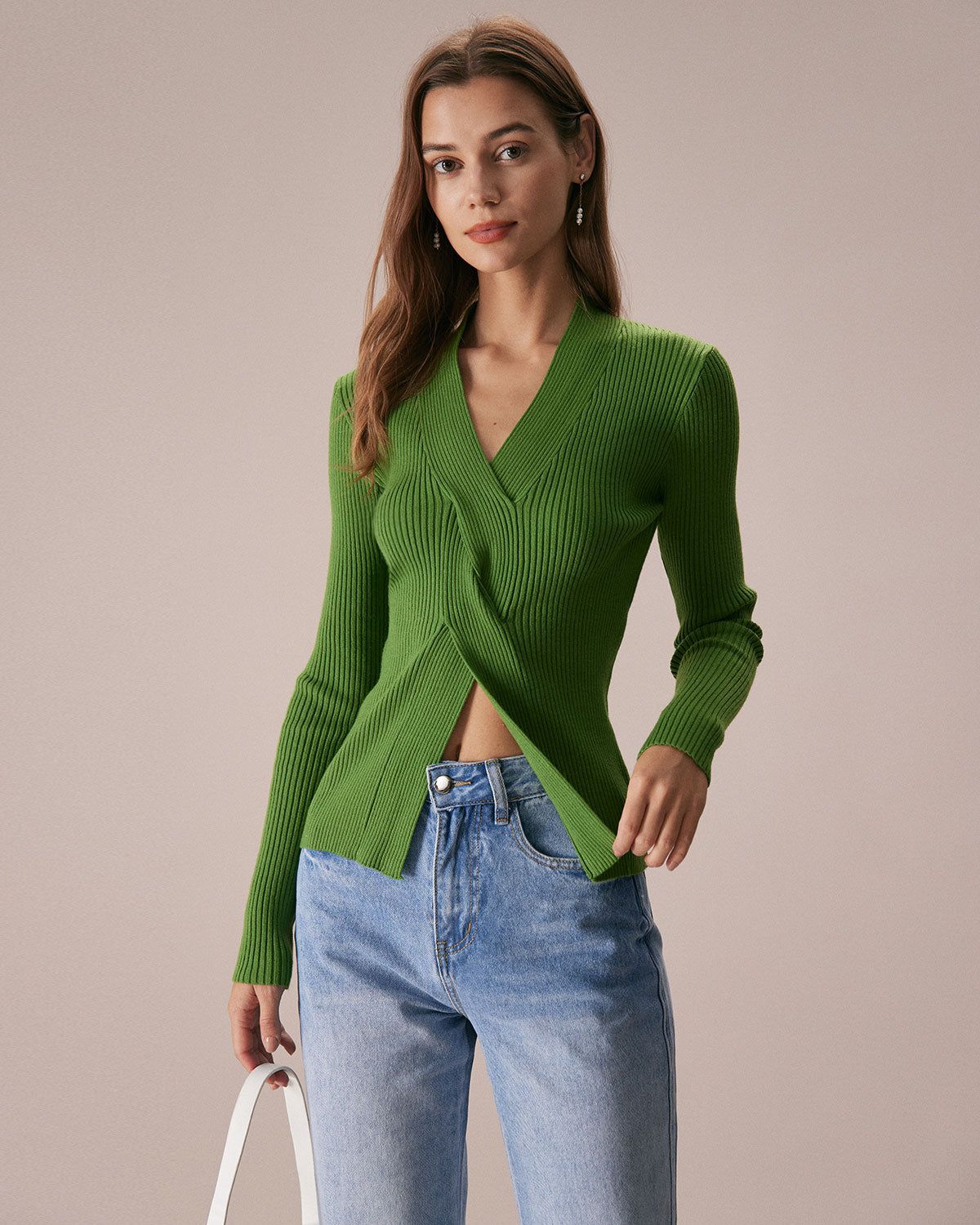 The Green V Neck Long Sleeve Knit Top sold by rihoas