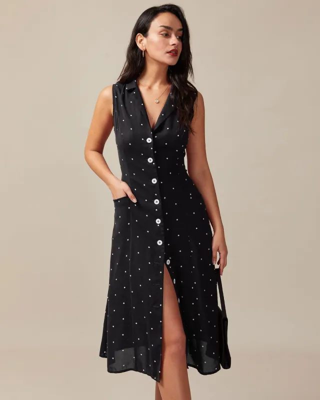 The Black V Neck Polka Dot Tie Back Midi Dress sold by rihoas