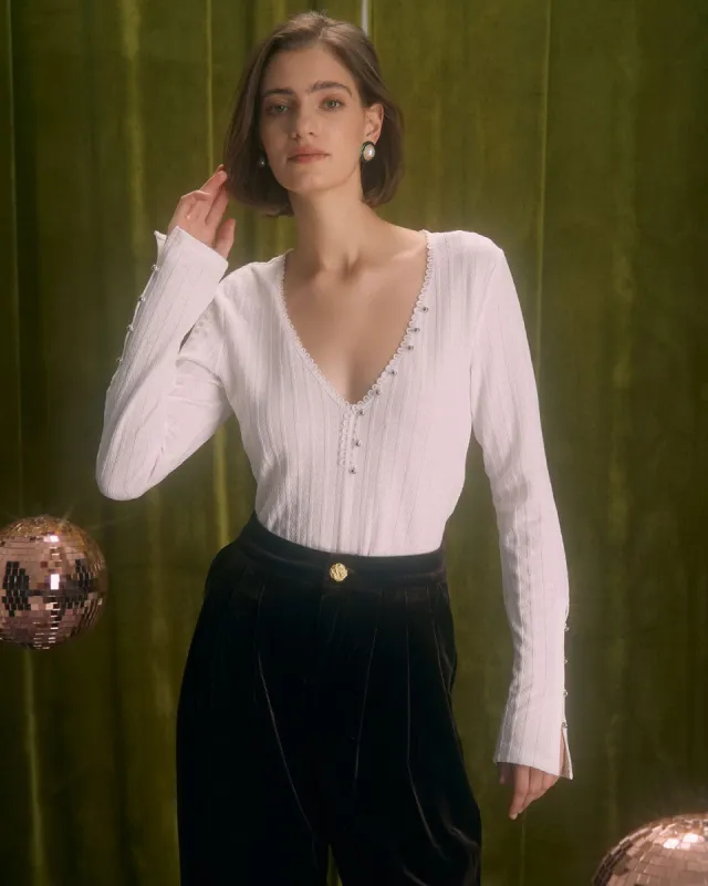 The White V Neck Lace Trim Textured Tee sold by rihoas