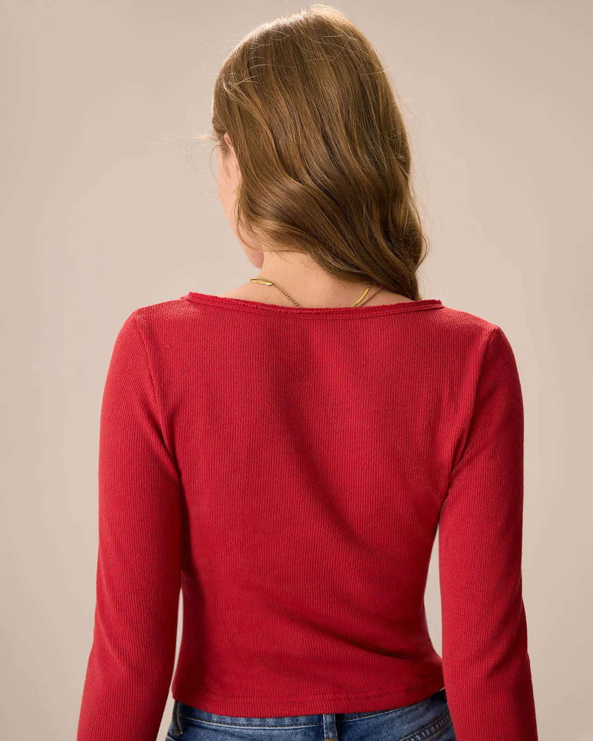 Women's Red Long Sleeve Ribbed Knit Top sold by rihoas product image thumbnail 4