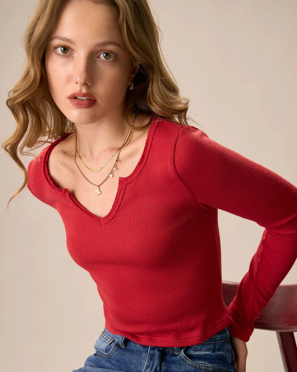 Women's Red Long Sleeve Ribbed Knit Top sold by rihoas product image thumbnail 2