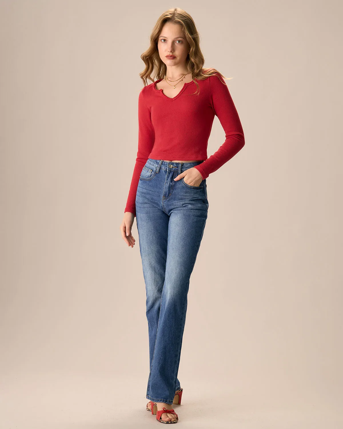 Women's Red Long Sleeve Ribbed Knit Top sold by rihoas product image thumbnail 3