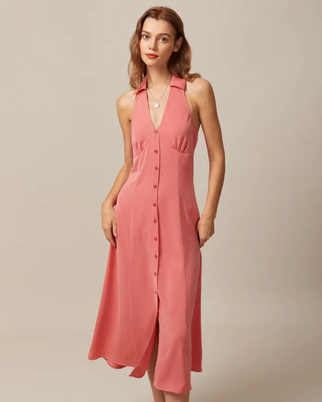 The Pink V Neck Halter Backless Midi Dress sold by rihoas