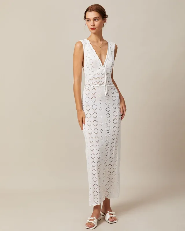 The White V Neck Pointelle Knit Midi Dress sold by rihoas