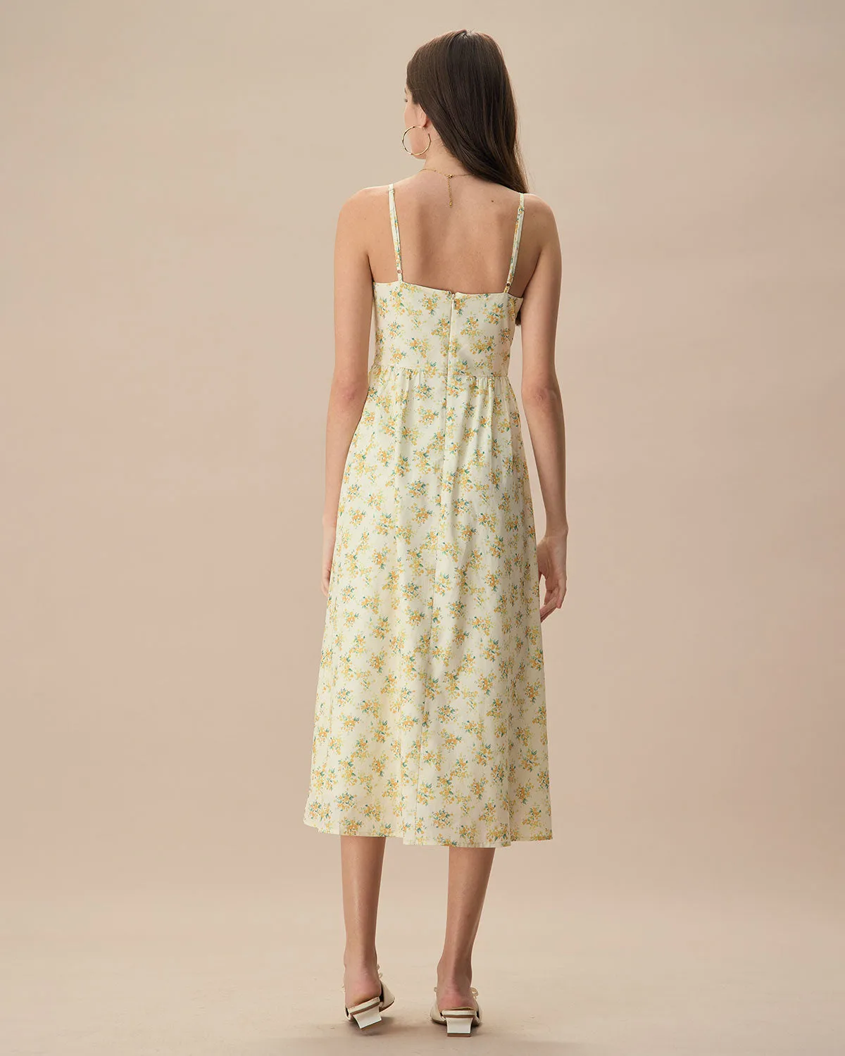 The Yellow Ruched Floral Slip Midi Dress sold by rihoas product image thumbnail 5