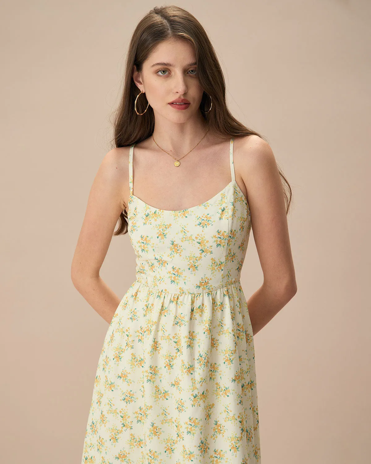The Yellow Ruched Floral Slip Midi Dress sold by rihoas product image thumbnail 4