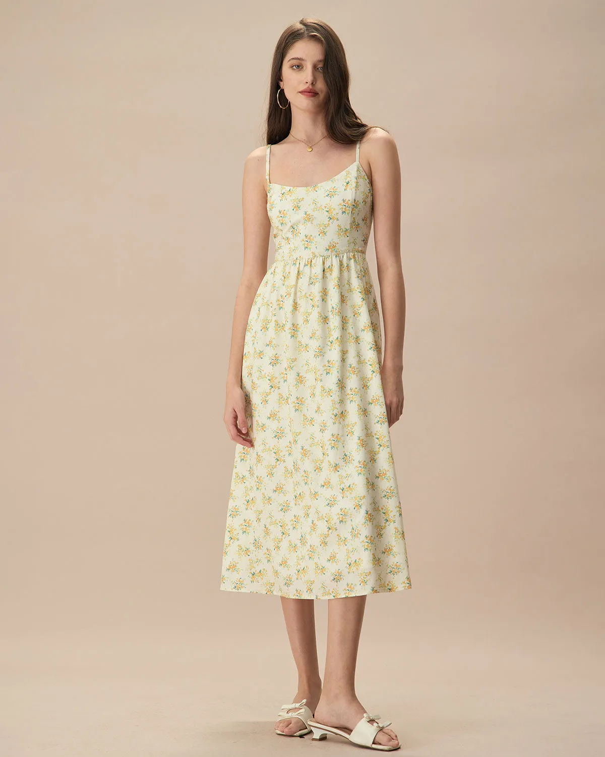 The Yellow Ruched Floral Slip Midi Dress sold by rihoas product image thumbnail 3