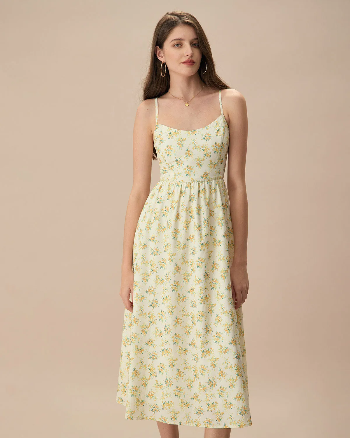 The Yellow Ruched Floral Slip Midi Dress sold by rihoas