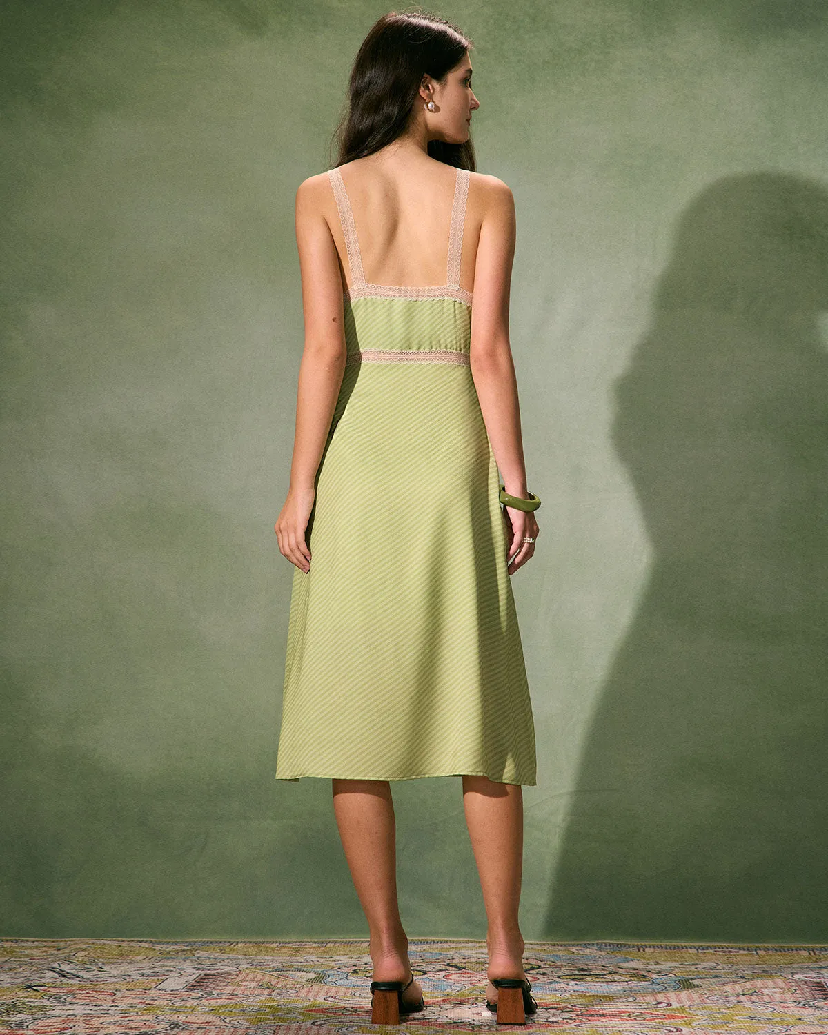 The Green V-Neck Lace Trim Satin Midi Dress sold by rihoas product image thumbnail 5